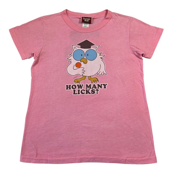 Tootsie Roll Tops - Vintage Tootsie Roll Mr Owl Graphic Tee Pink How Many Licks Shirt Womens L